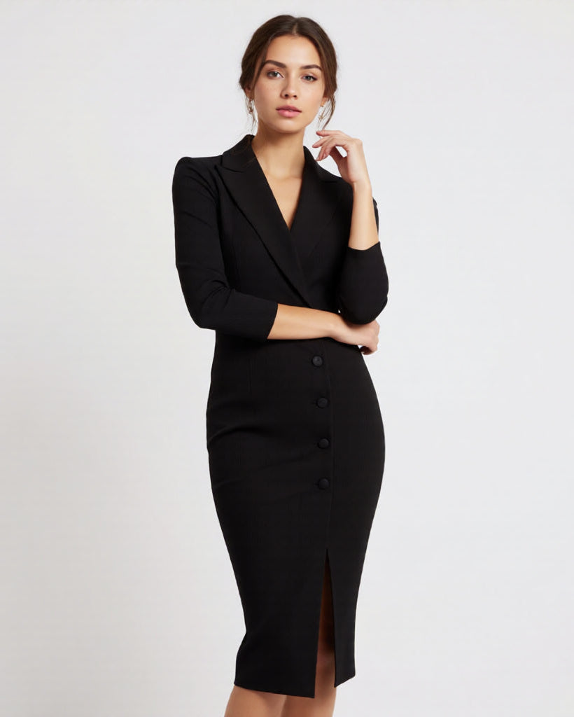 Ella | Sophisticated Black Fitted Midi Dress